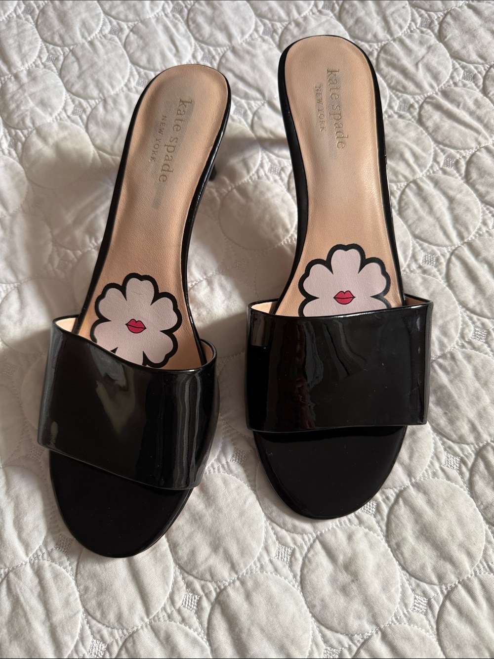 kate spade Black Patent Slide Mules with Floral Insole